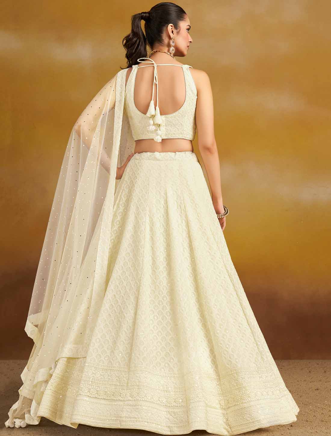 White Ethnic Georgette With Soft Net Thread Embroidered Lehenga Choli