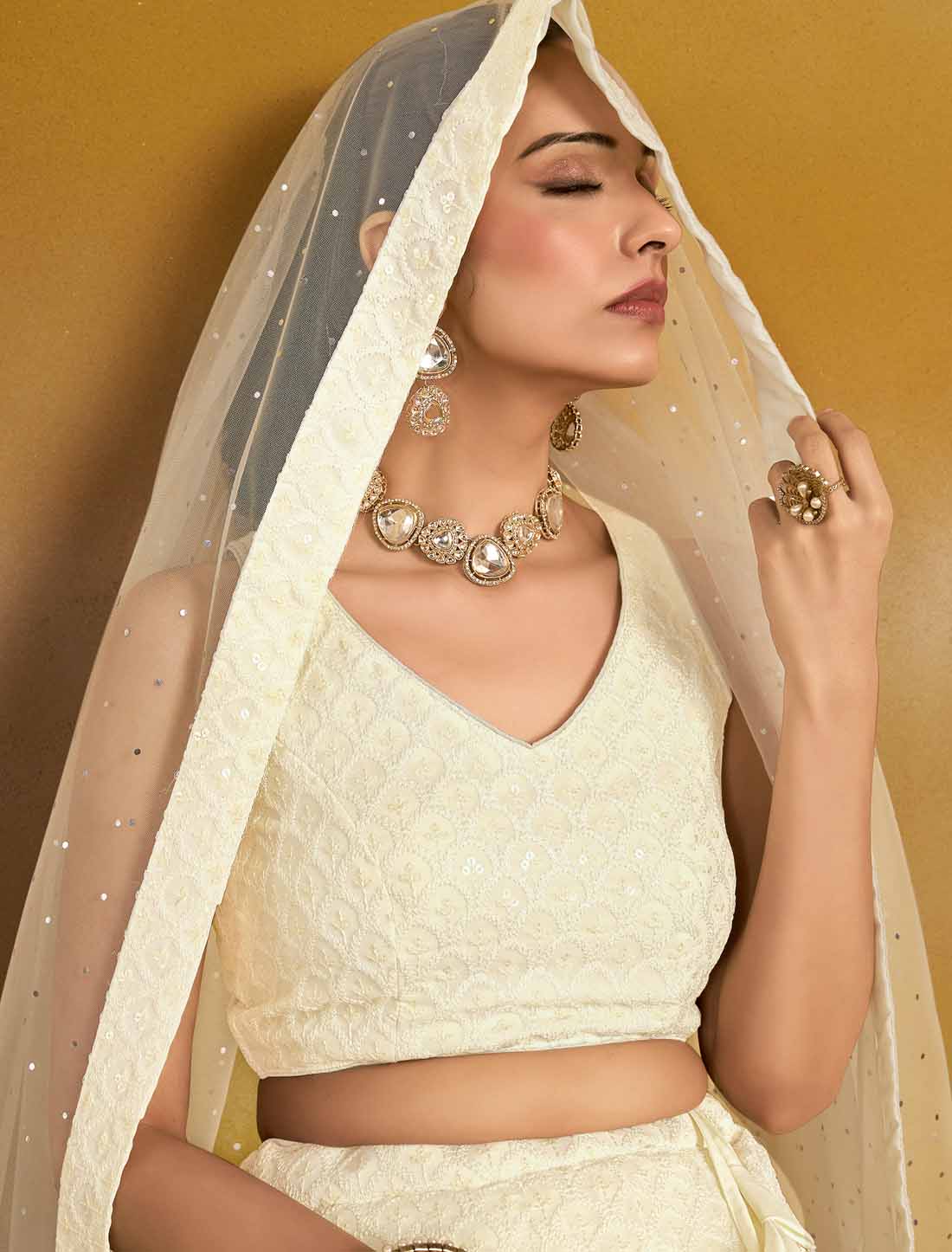 White Ethnic Georgette With Soft Net Thread Embroidered Lehenga Choli