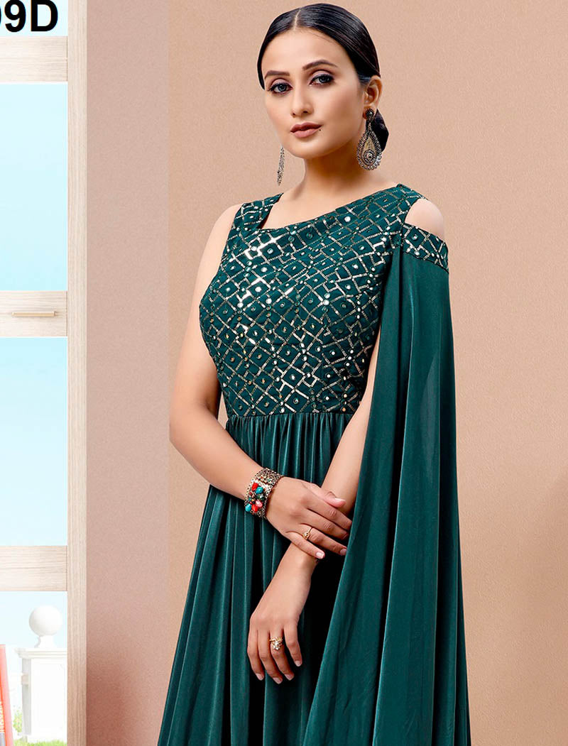 Sea Green Glimmering Imported Lycra Ethnic Party Wear Gown For Women
