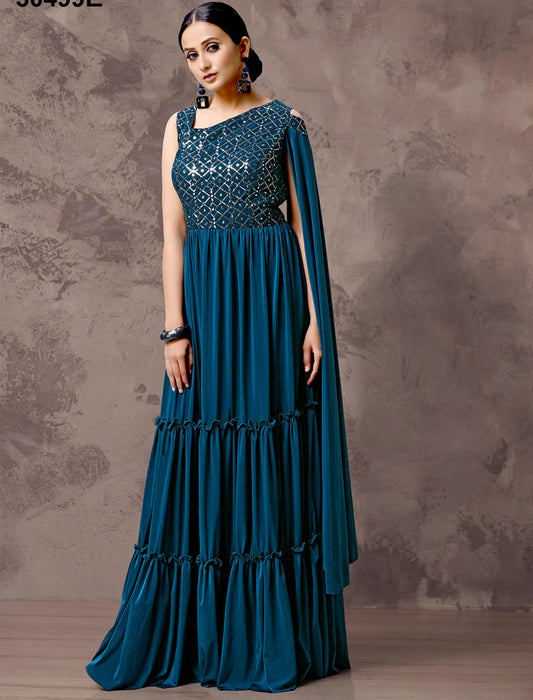 Teal Blue Glimmering Imported Lycra Fully Stitched Gown For Women
