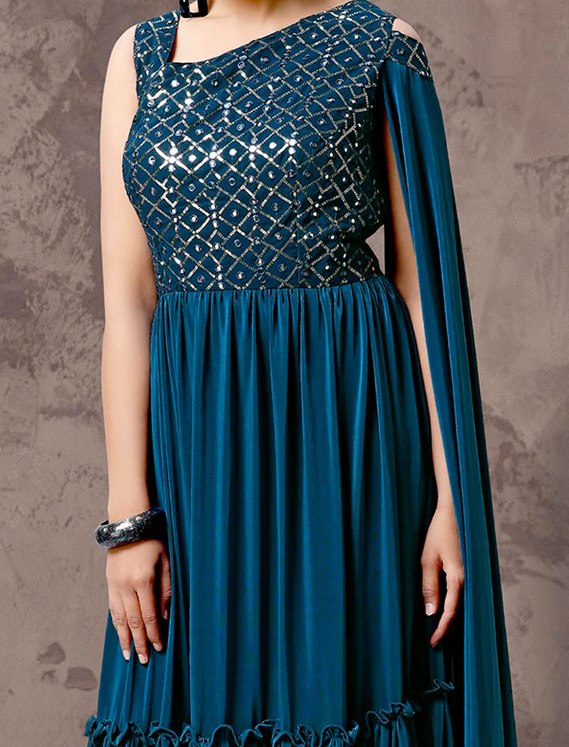 Teal Blue Glimmering Ethnic Party Wear Gown For Women Imported Lycra Fabric