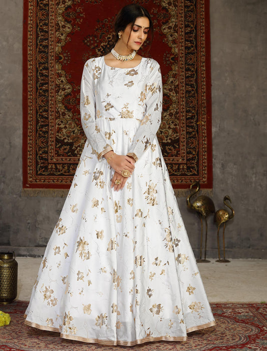 White Taffeta Anarkali Ethnic Long Gown For Women with Metallic Foil Work