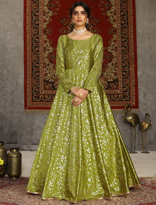 Designer Anarkali Ethnic Long Gown for Women in Fluorescent Green Taffeta with Metallic Foil Work