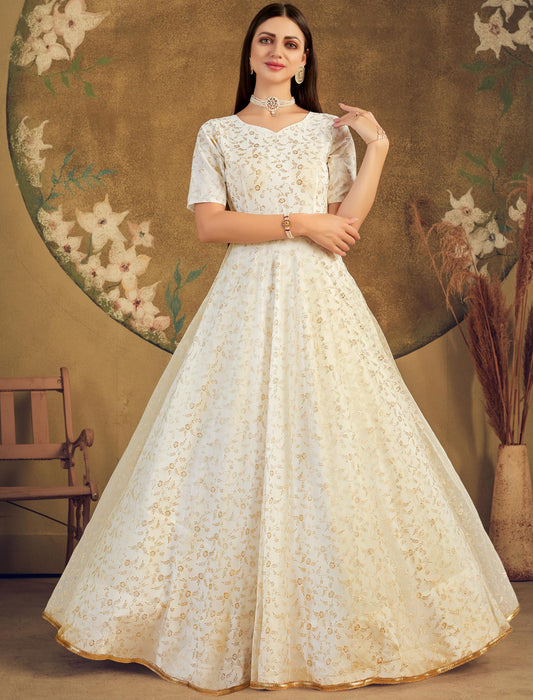 White Net Designer Anarkali Ethnic Long Gown for Women