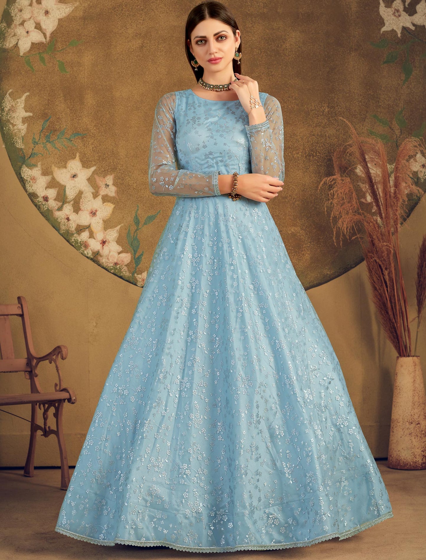 Designer Anarkali Ethnic Gown For Women in Sky Color with Metalic Foil Work