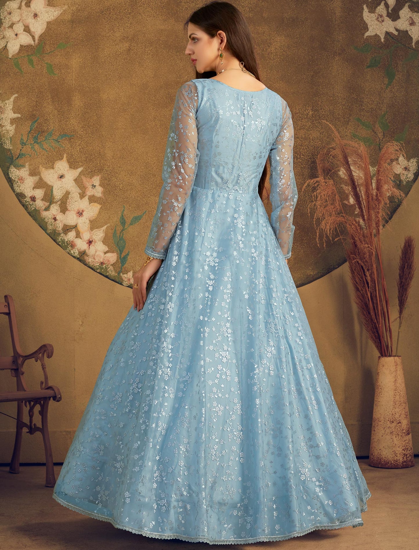 Designer Anarkali Ethnic Gown For Women in Sky Color with Metalic Foil Work