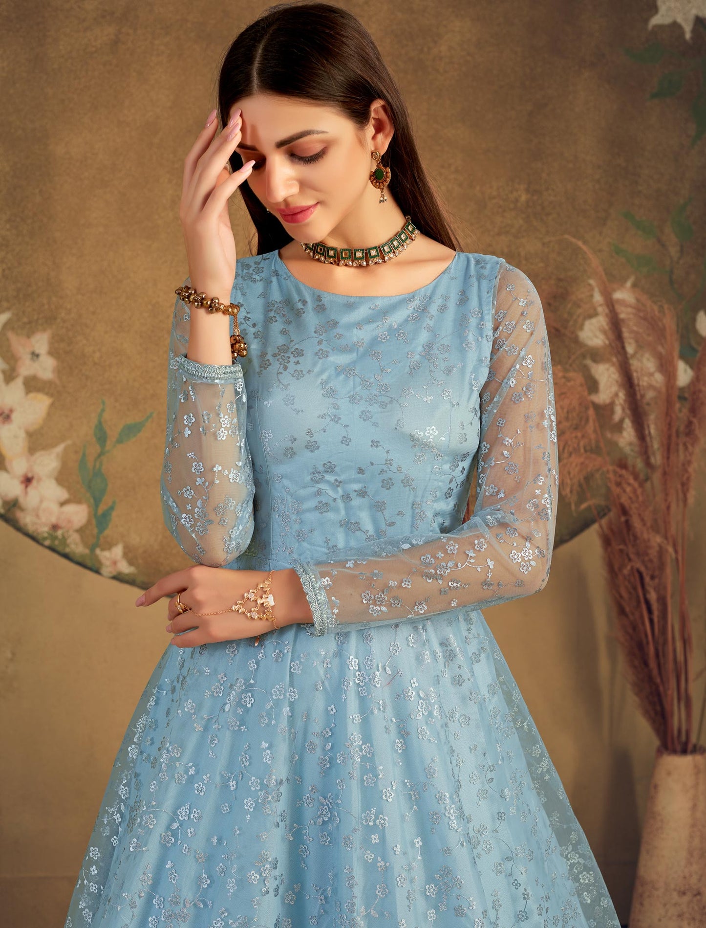 Designer Anarkali Ethnic Gown For Women in Sky Color with Metalic Foil Work