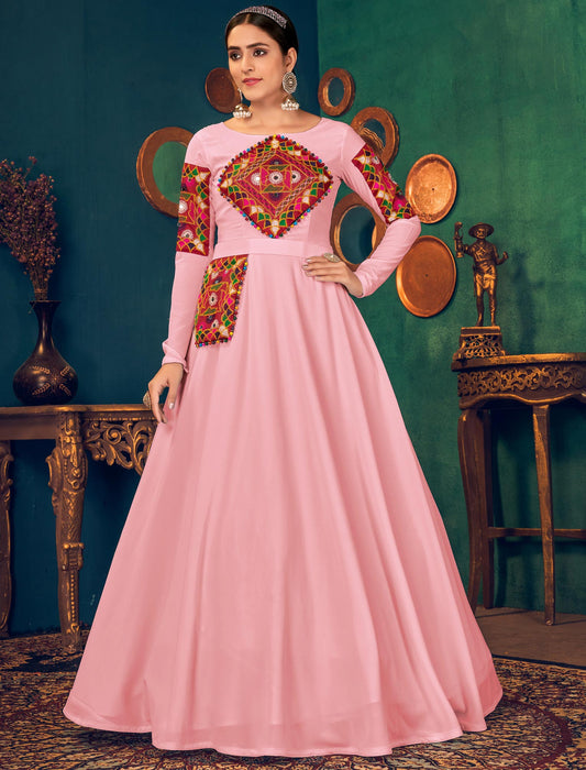 Pink Embroidered Georgette Anarkali Ethnic Gown with Waist Belt
