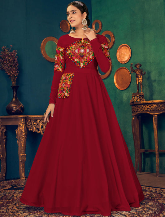 Cherry Red Embroidered Designer Ethnic Gown For Women with Waist Belt