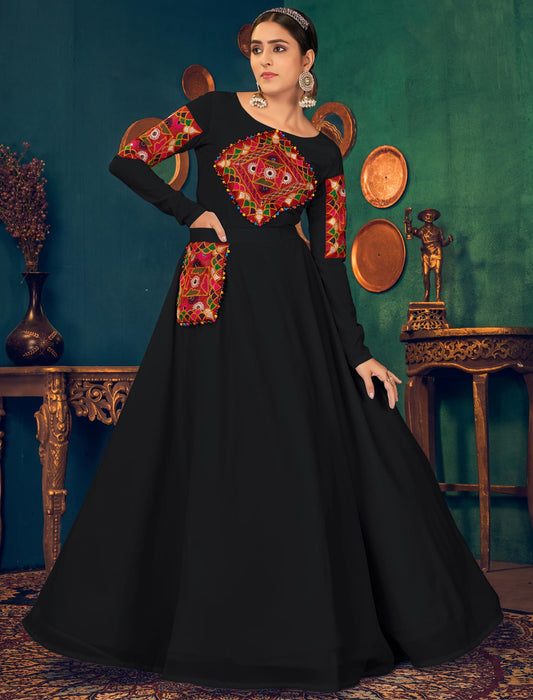 Designer Black Georgette Anarkali Ethnic Long Gown with Embroidery and Waist Belt