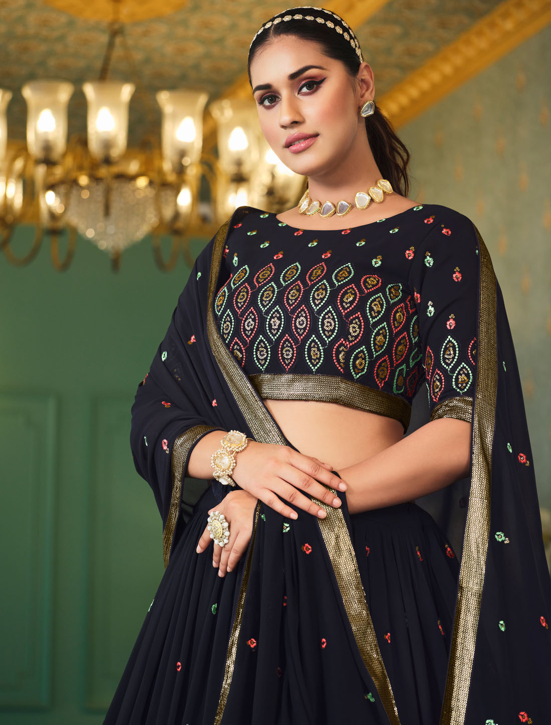 Introducing Navy Blue Georgette Traditional Embroidered Lehenga Choli
