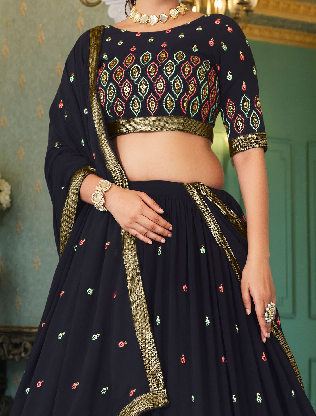 Introducing Navy Blue Georgette Traditional Embroidered Lehenga Choli