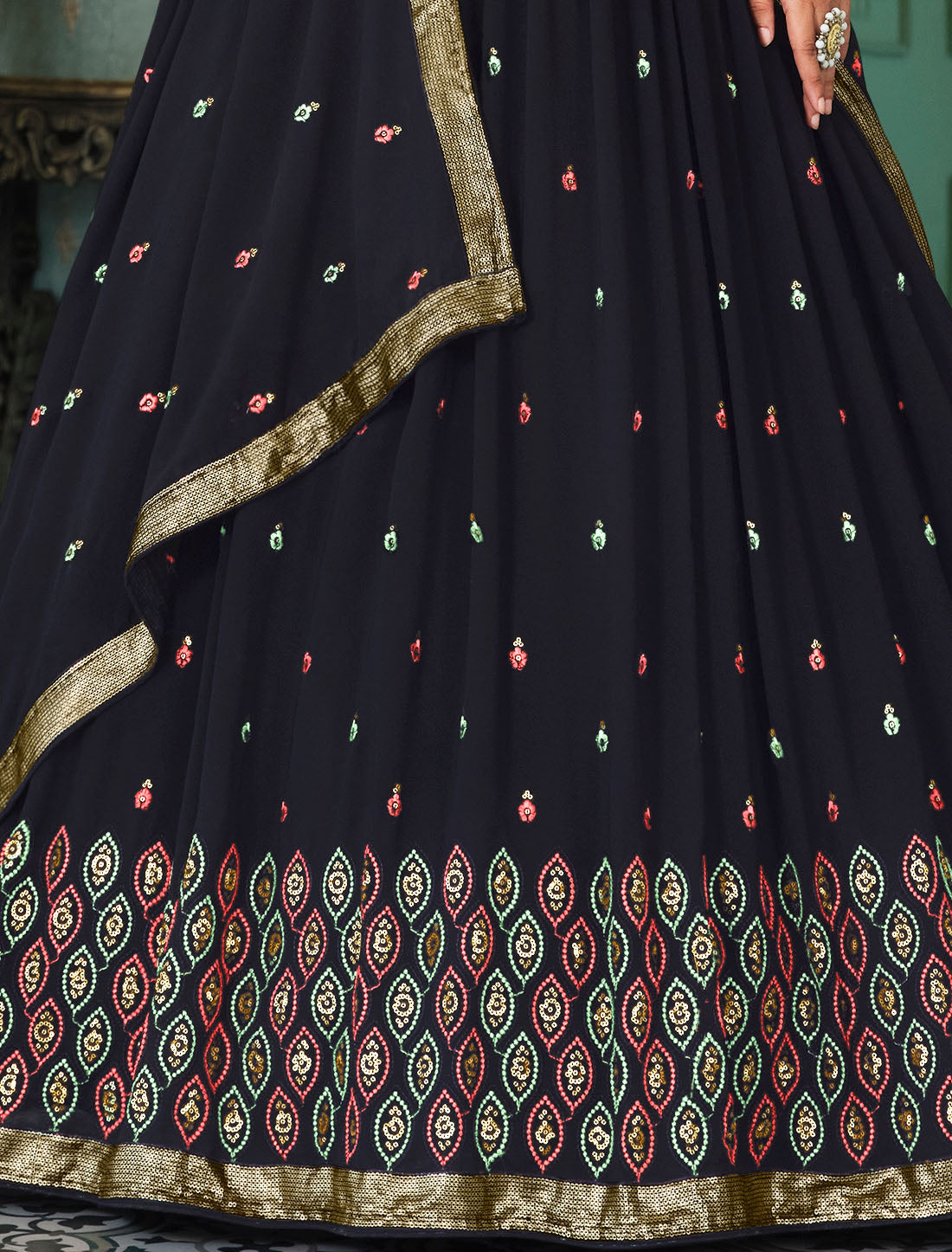 Introducing Navy Blue Georgette Traditional Embroidered Lehenga Choli