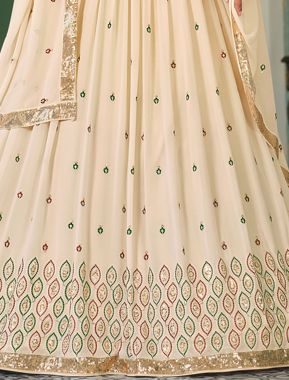 Introducing Our Beige Embroidered Semi-Stitched Lehenga Choli