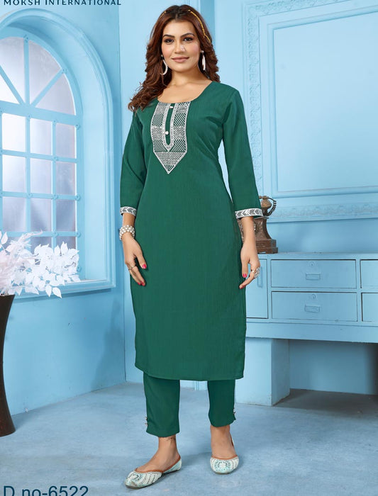 Chic Comfort Rinkal Cotton with Embroidered Work Details Inner Stitched Women Kurti & Pant Set