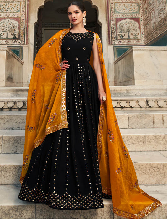 Splendor Black Georgette Designer Salwar Suit with Thread and Sequin Embroidery Gown