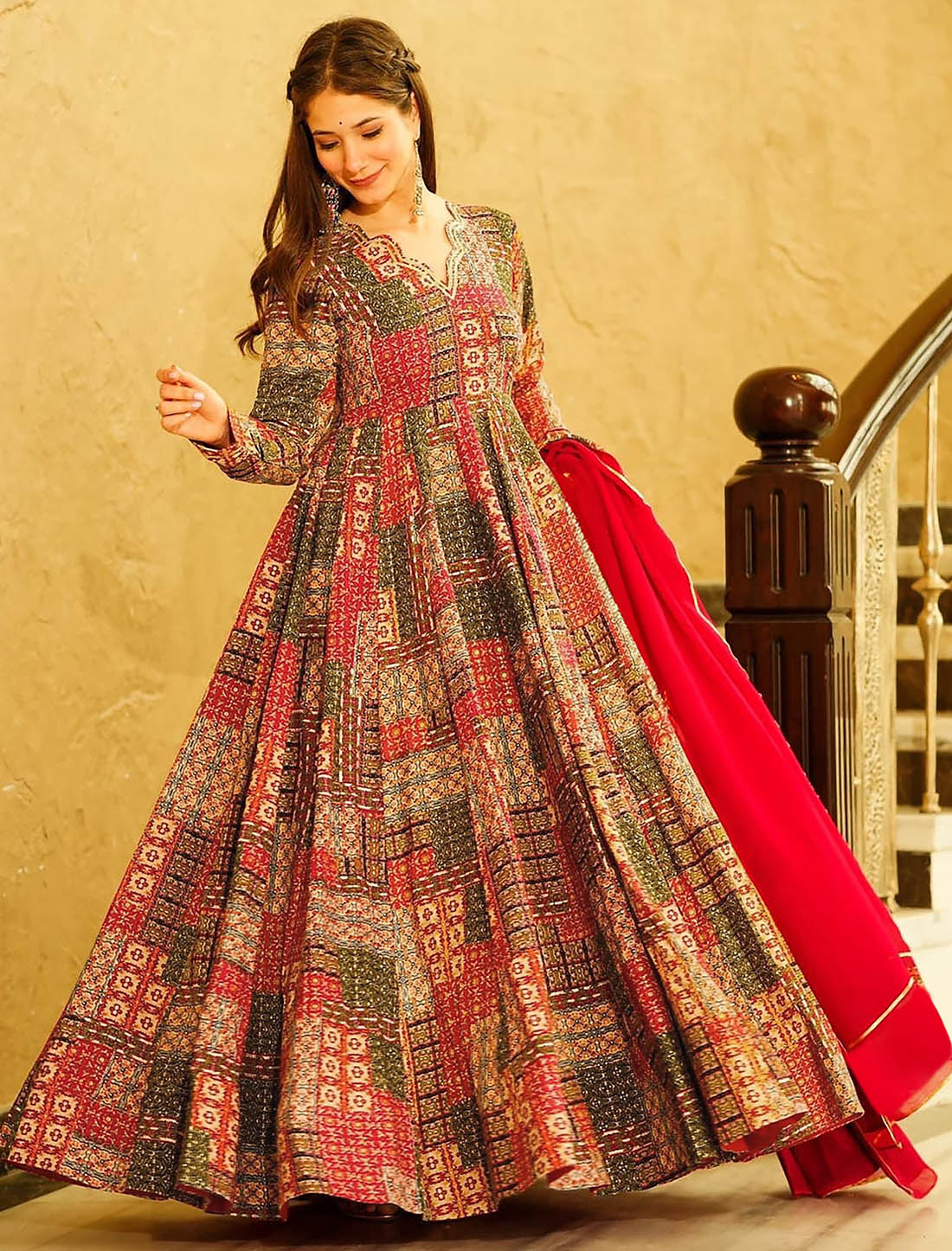 Red Women Rayon Anarkali Wedding Gown For Women Party Wear With Heavy Digital Print