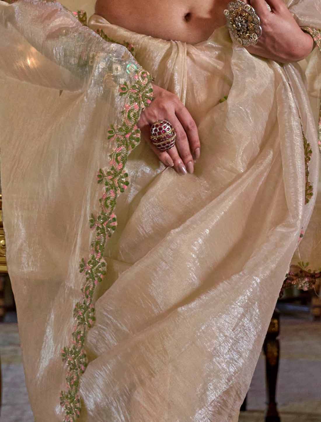 Light Cream Soft Tissue Ethnic Multi Thread Embroidery Work Saree