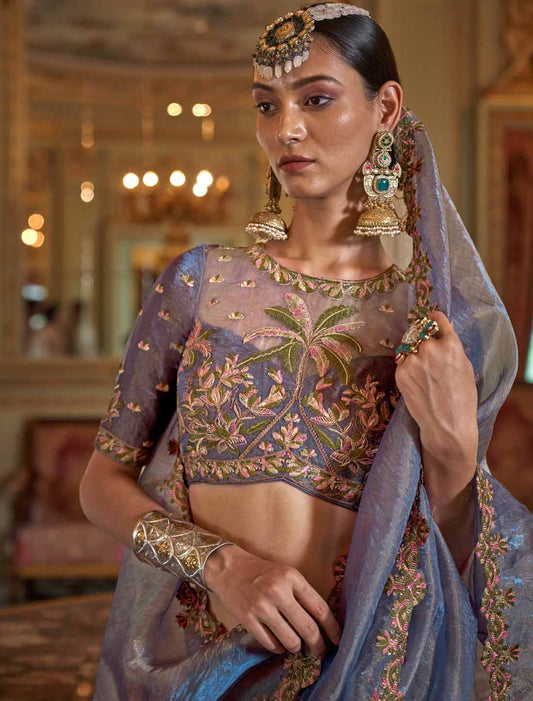 Ethnic Shine Grey Soft Tissue Multi Thread Embroidery Saree