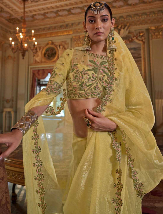Lime Yellow Soft Tissue Ethnic Multi Thread Embroidery Work Saree