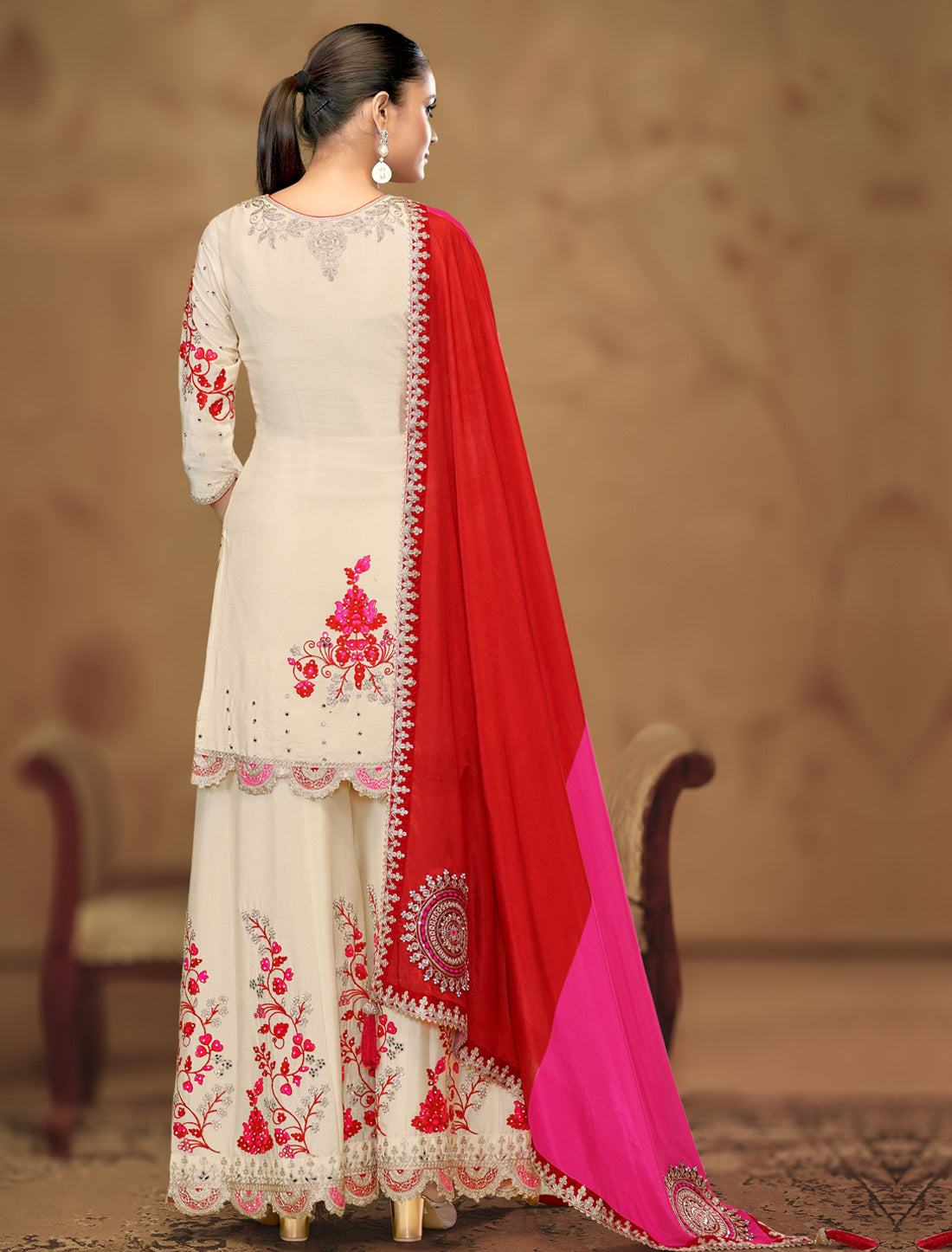 Cream Chinnon Designer Party Wear Embroidery Suit Sets, Dupatta, Palazzo