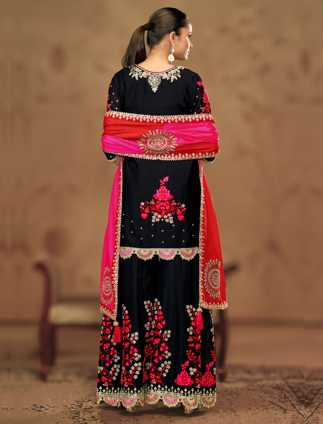 Black Chinnon Designer Party Wear Embroidered Suit Sets, Dupatta, Palazzo
