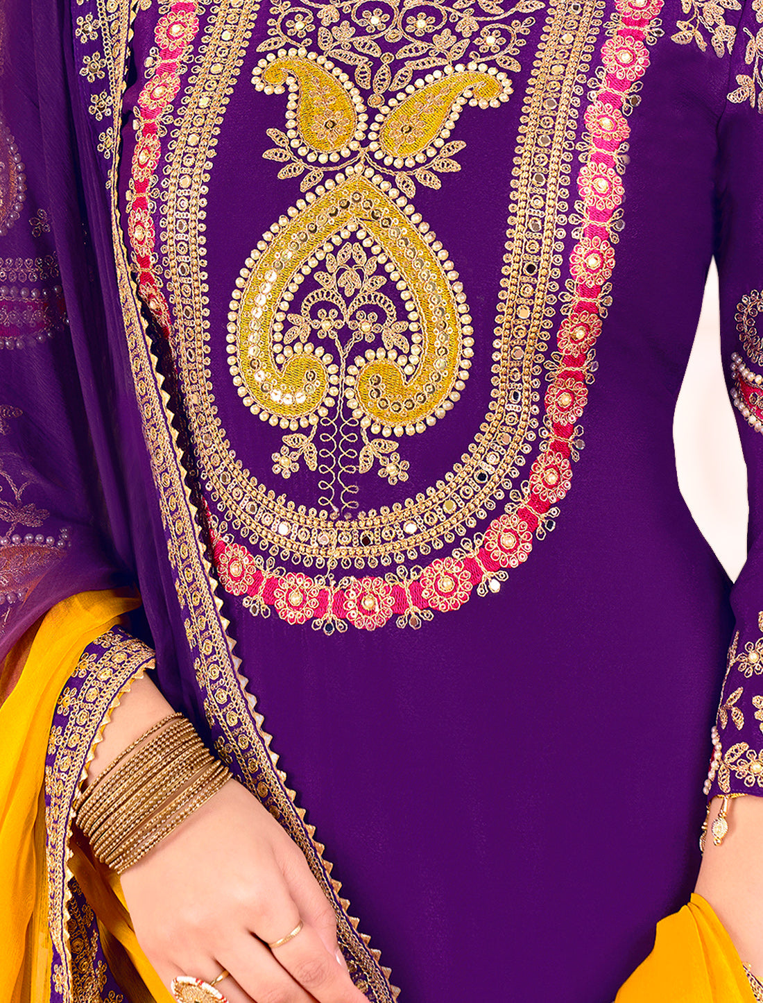 Purple Embroidered Chinnon Readymade Party Wear Suits, Palazzo, Dupatta