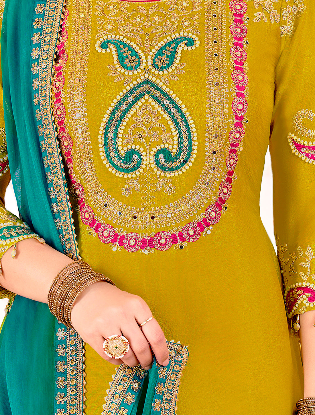 Yellow Readymade Party Wear Salwar Kameez Chinnon Suit, Palazzo, Dupatta