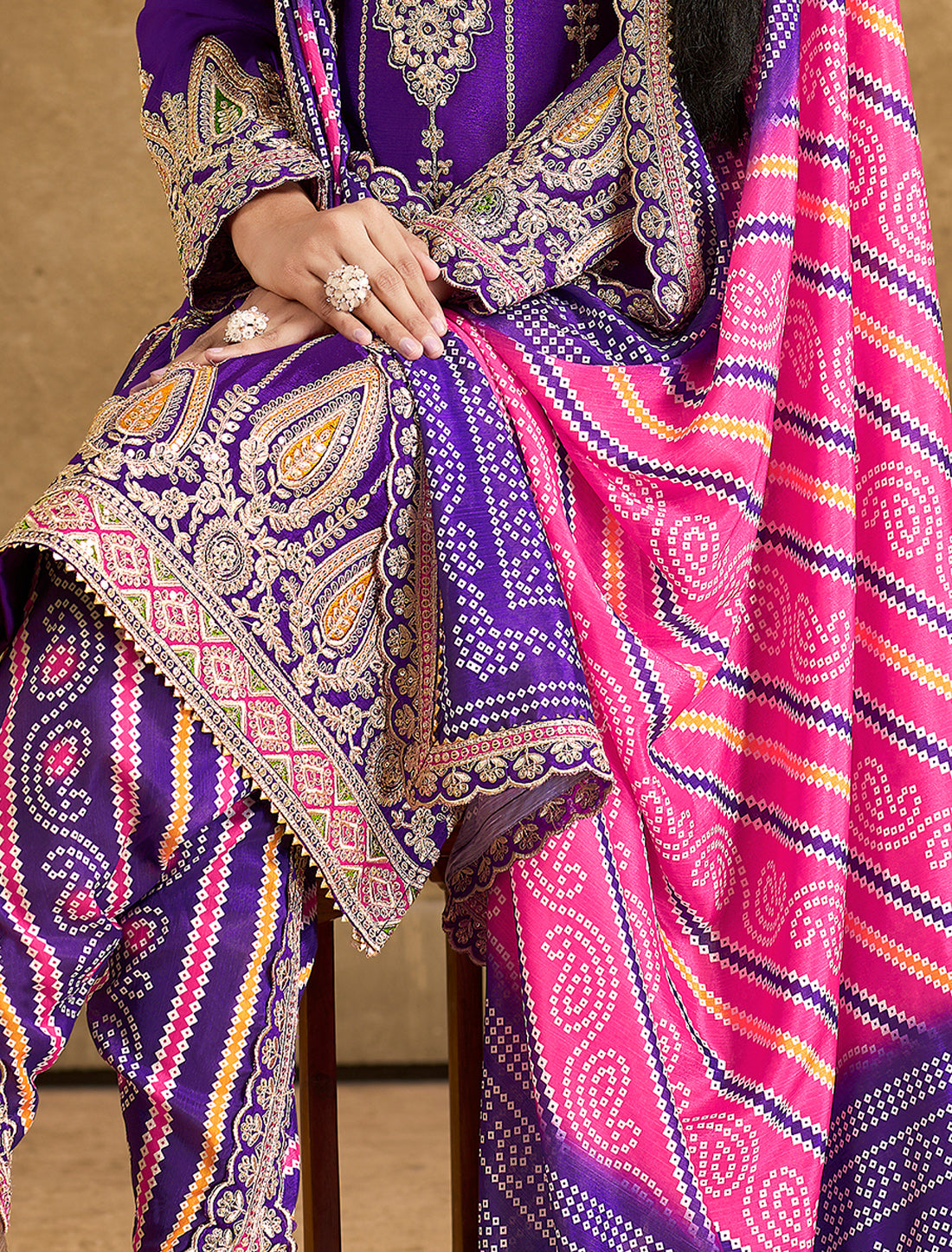 Premium Chinnon Suit with Handmade Mirror Dabka Work – Up to 48 Size