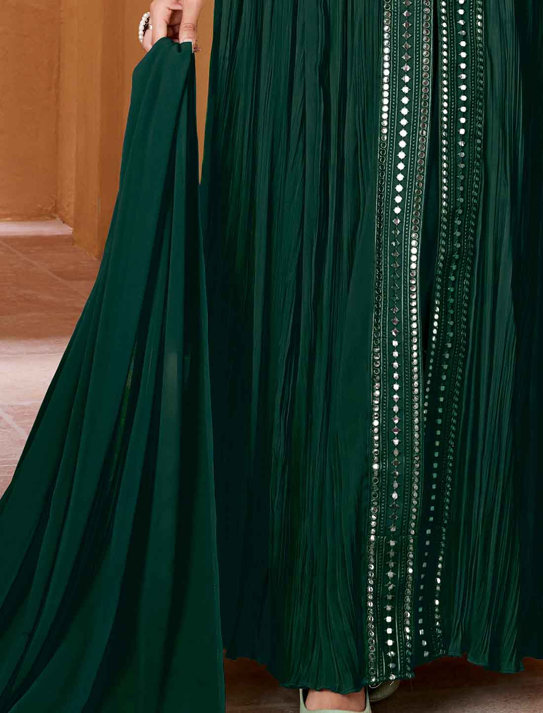 Green Ethnic Georgette Mirror Work Designer Style Suits