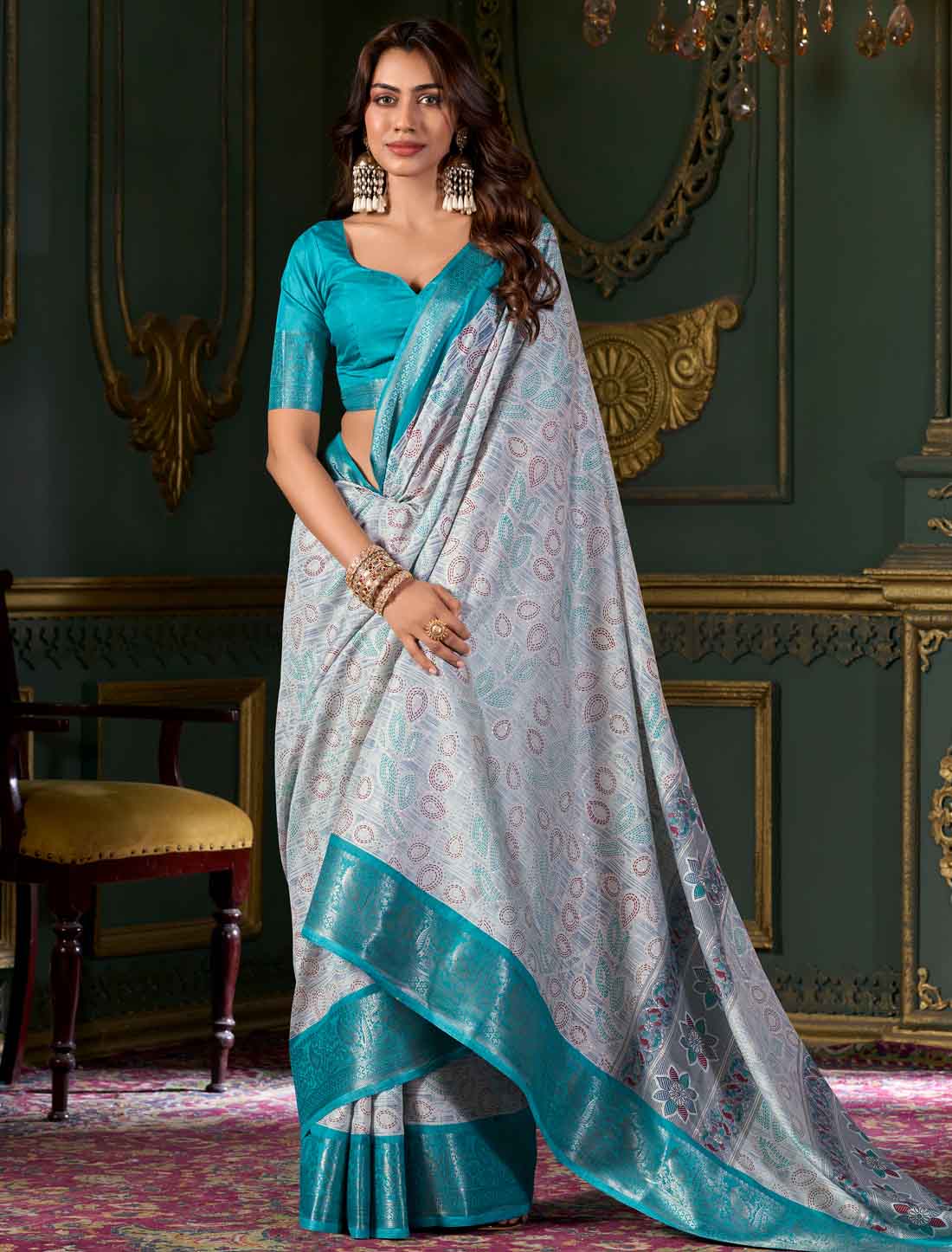 Blue Soft Dola Silk Ethnic Foil Print Party Wear Saree