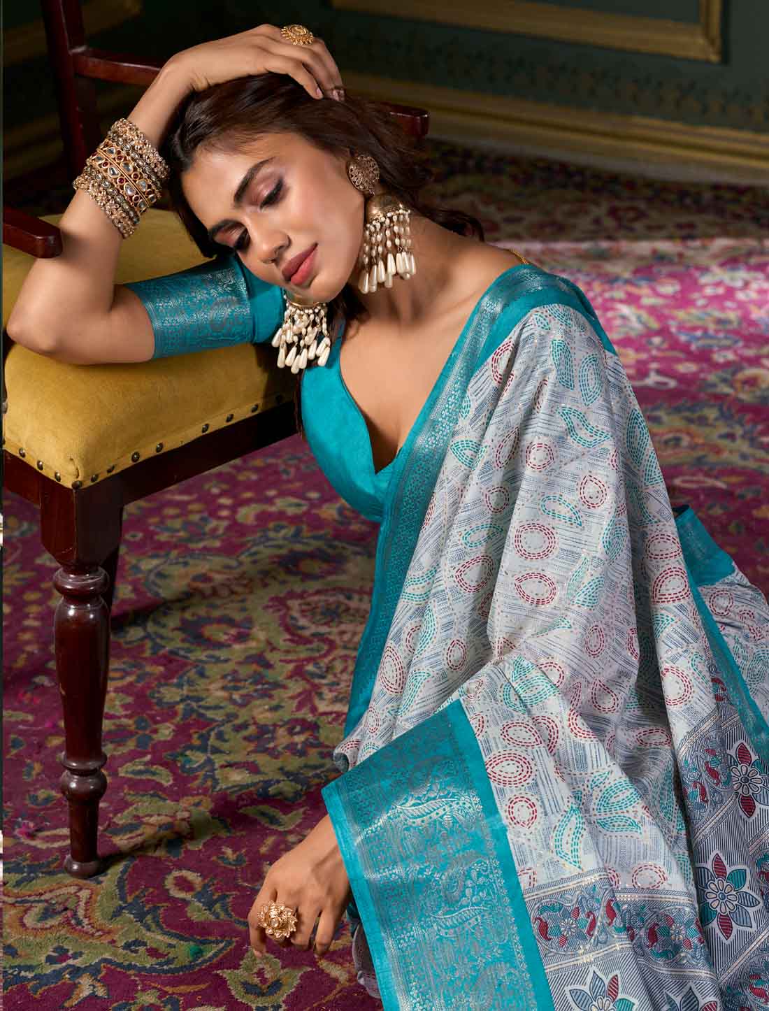 Blue Soft Dola Silk Ethnic Foil Print Party Wear Saree