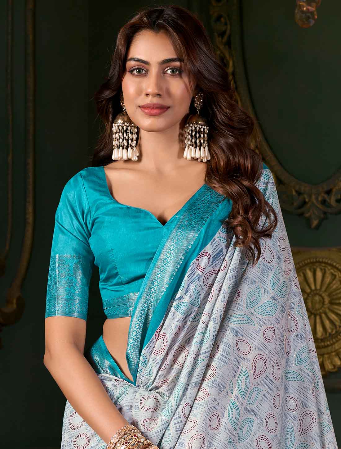 Blue Soft Dola Silk Ethnic Foil Print Party Wear Saree