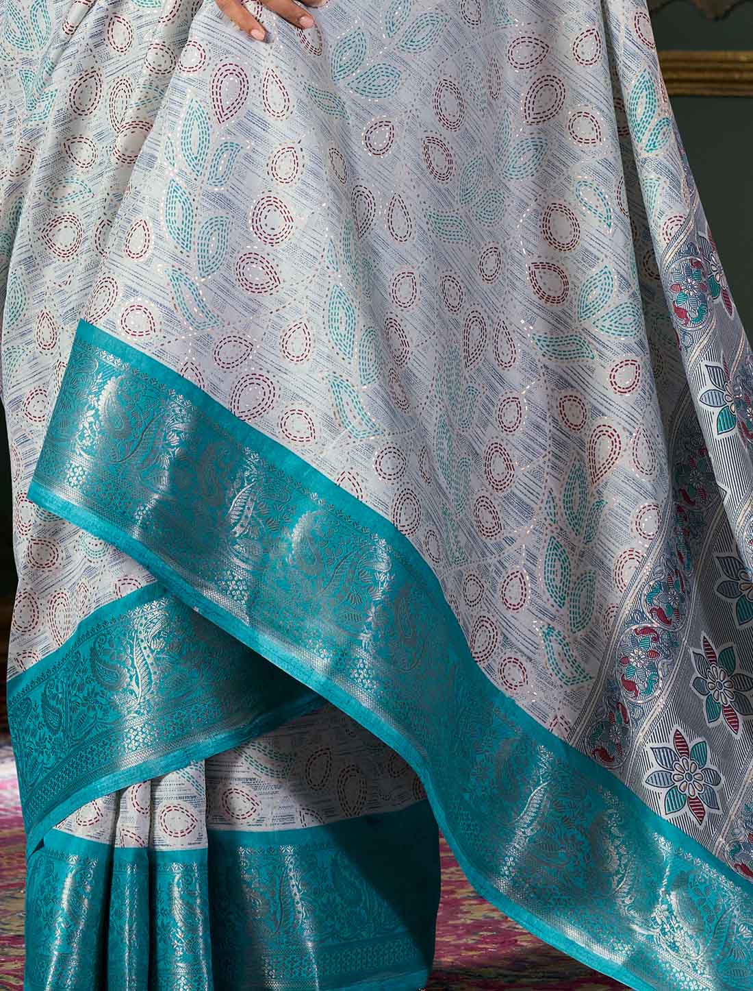 Blue Soft Dola Silk Ethnic Foil Print Party Wear Saree