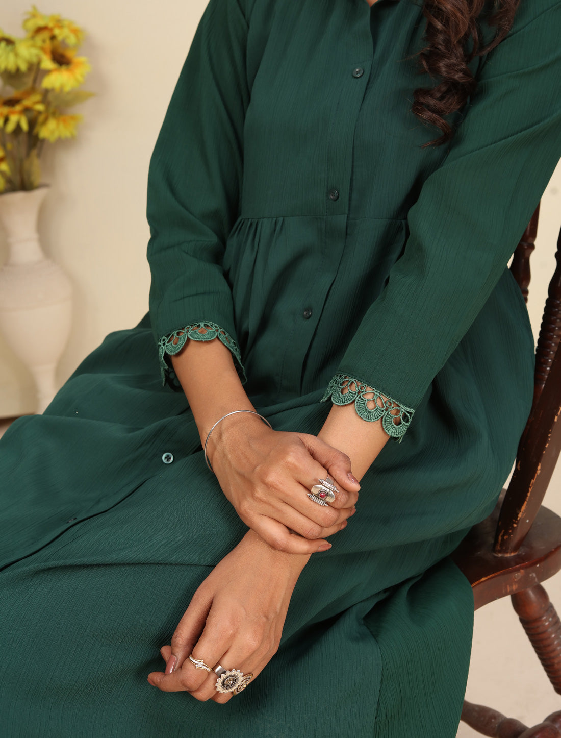 Bottle Green Cotton Ethnic Top with Pants