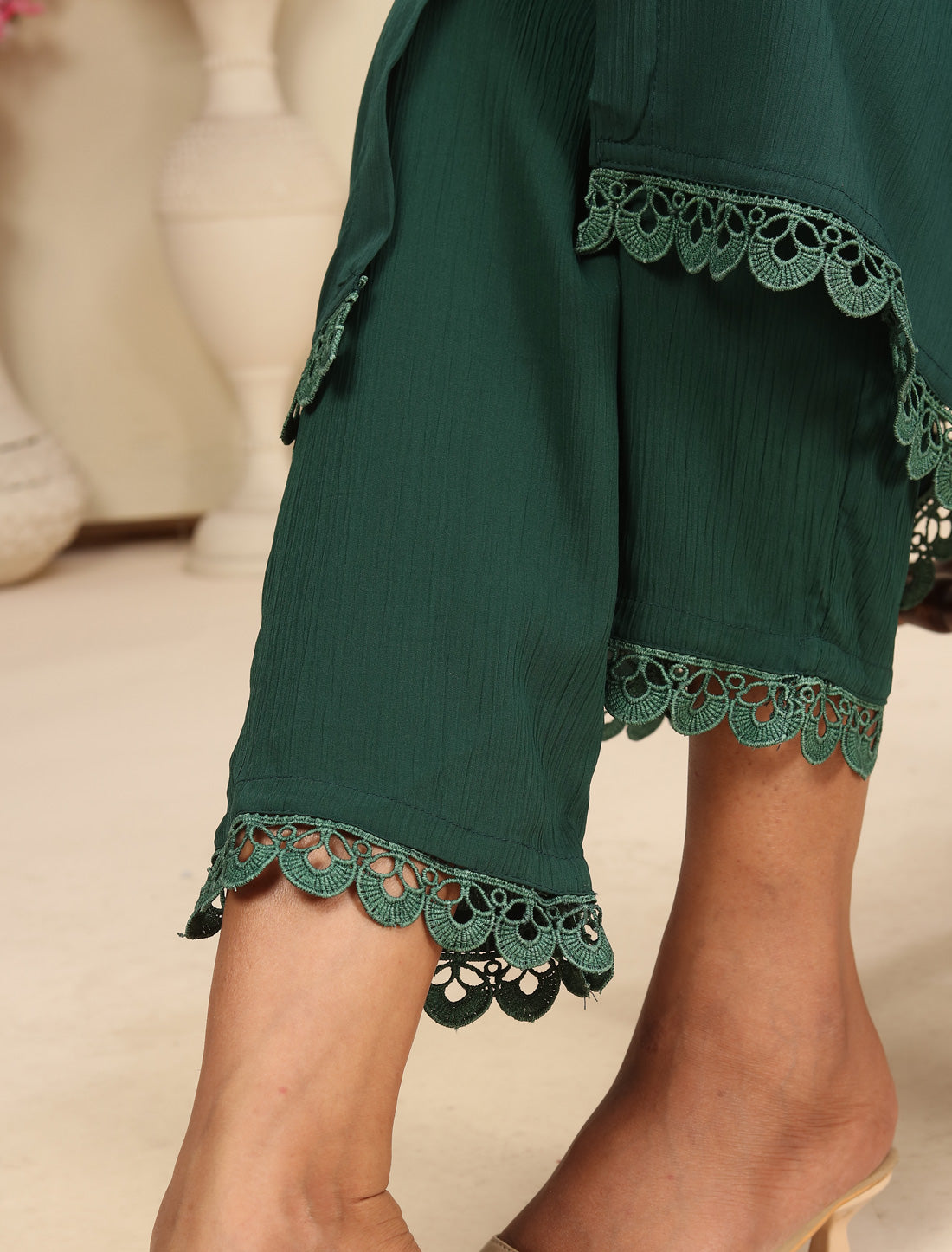 Bottle Green Cotton Ethnic Top with Pants