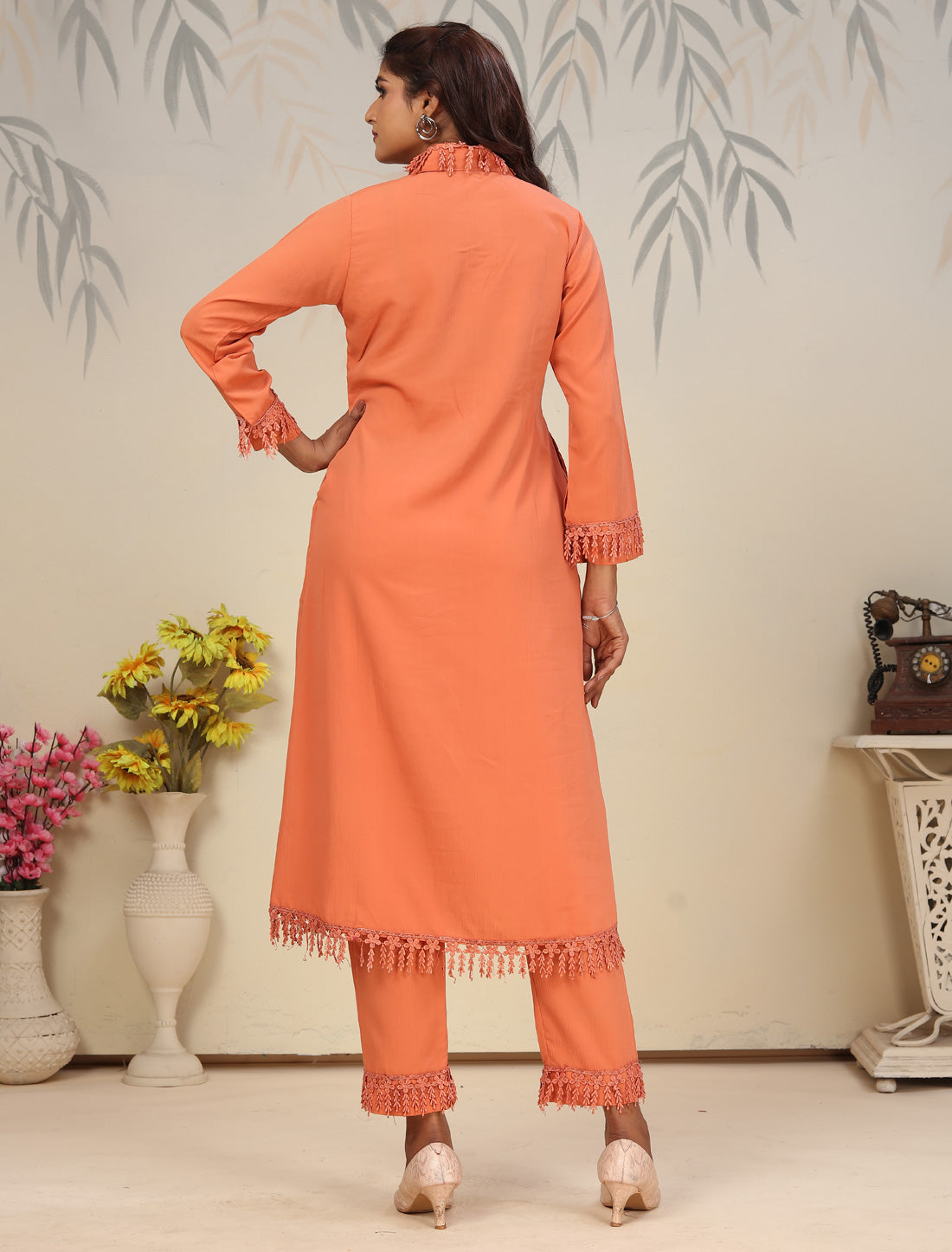 Orange Ethnic Cotton Top With Pant Kurta Sets