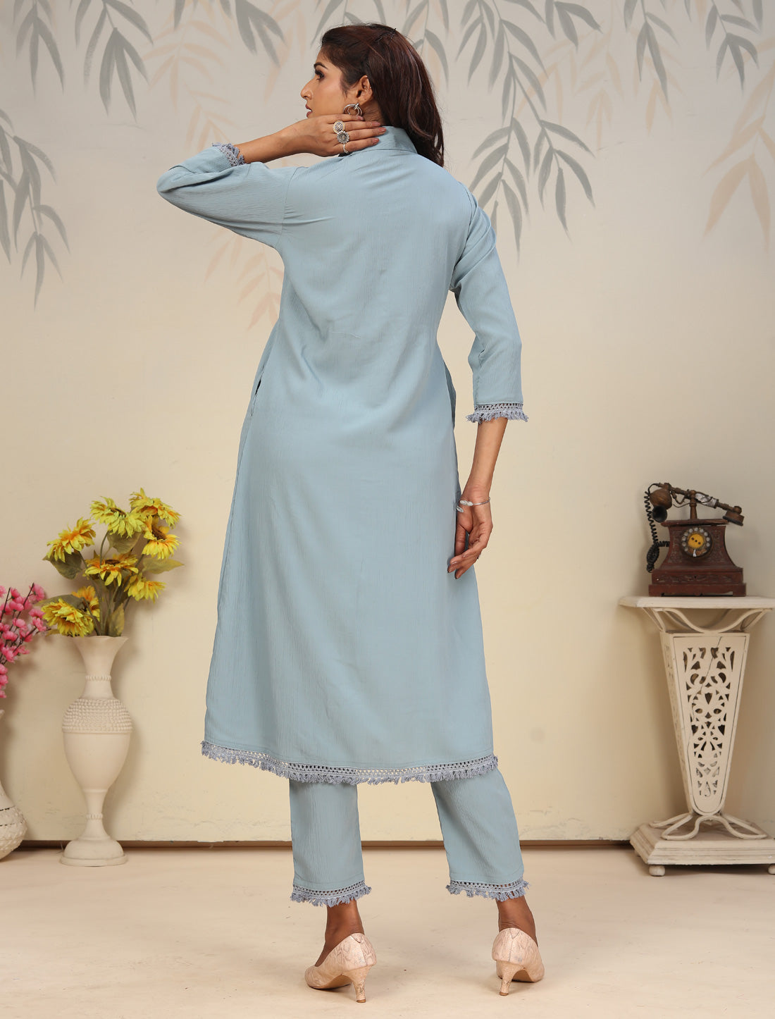 Sky Blue Ethnic Cotton Top with Pant Kurta Sets