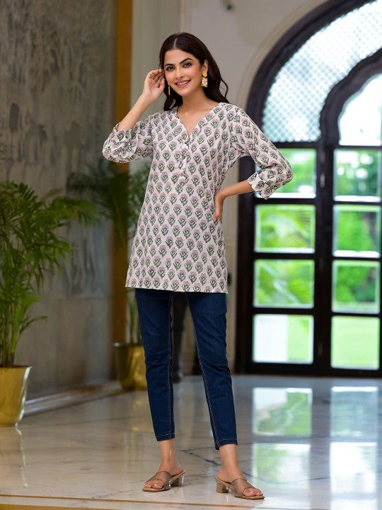 White Ethnic Floral Print Pure Cotton A-line Casual Top