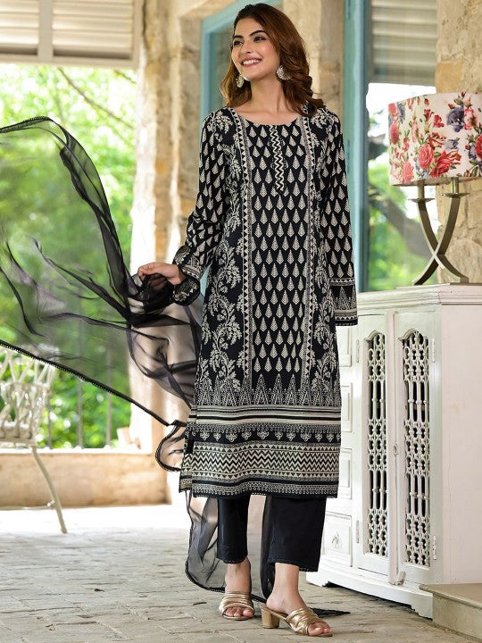 Ethnic Black Cotton Straight Fit Knee Long Kurta Set for Women