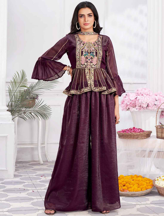 Wine Fancy Shimmer Georgette Ethnic Crop Top with Sharara An Choli
