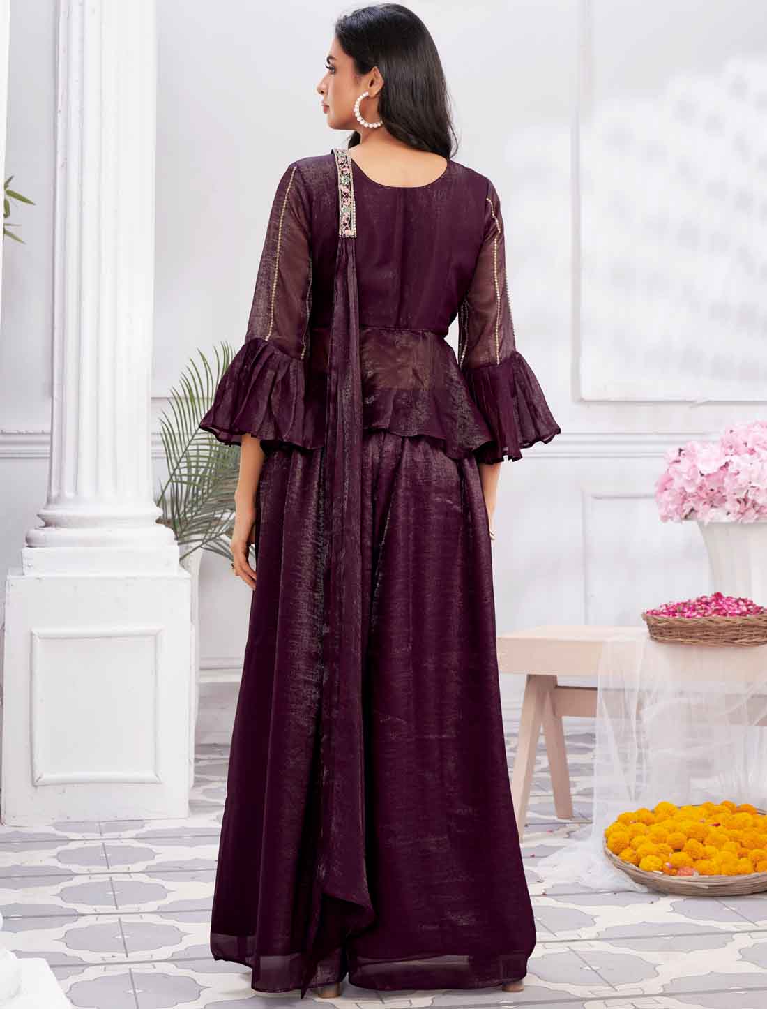 Wine Fancy Shimmer Georgette Ethnic Crop Top with Sharara An Choli