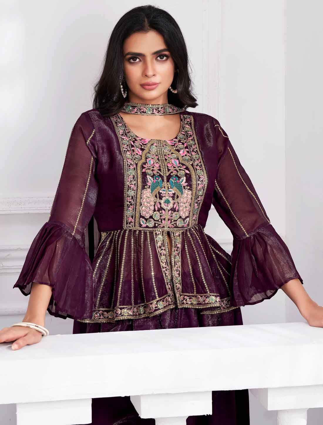 Wine Fancy Shimmer Georgette Ethnic Crop Top with Sharara An Choli