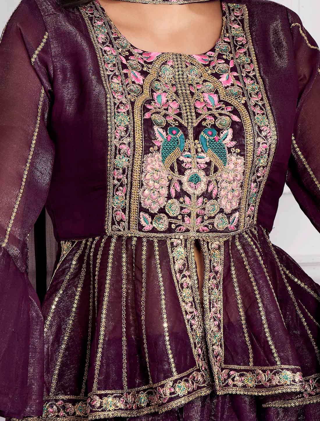 Wine Fancy Shimmer Georgette Ethnic Crop Top with Sharara An Choli