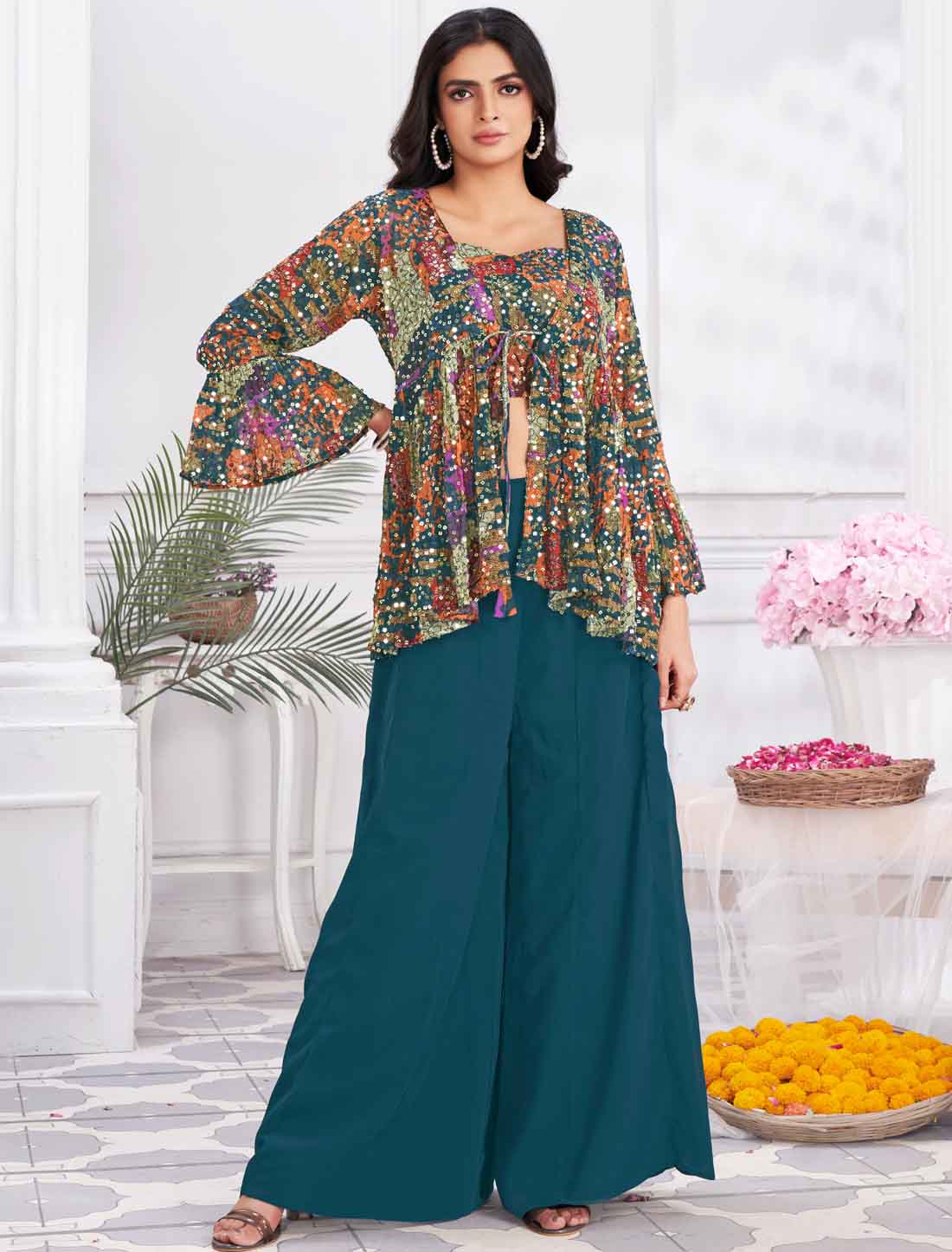 Blue Georgette & Fancy Ethnic Wear Crop Top with Sharara & Choli