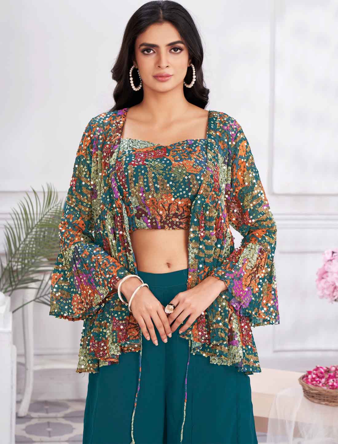 Blue Georgette & Fancy Ethnic Wear Crop Top with Sharara & Choli