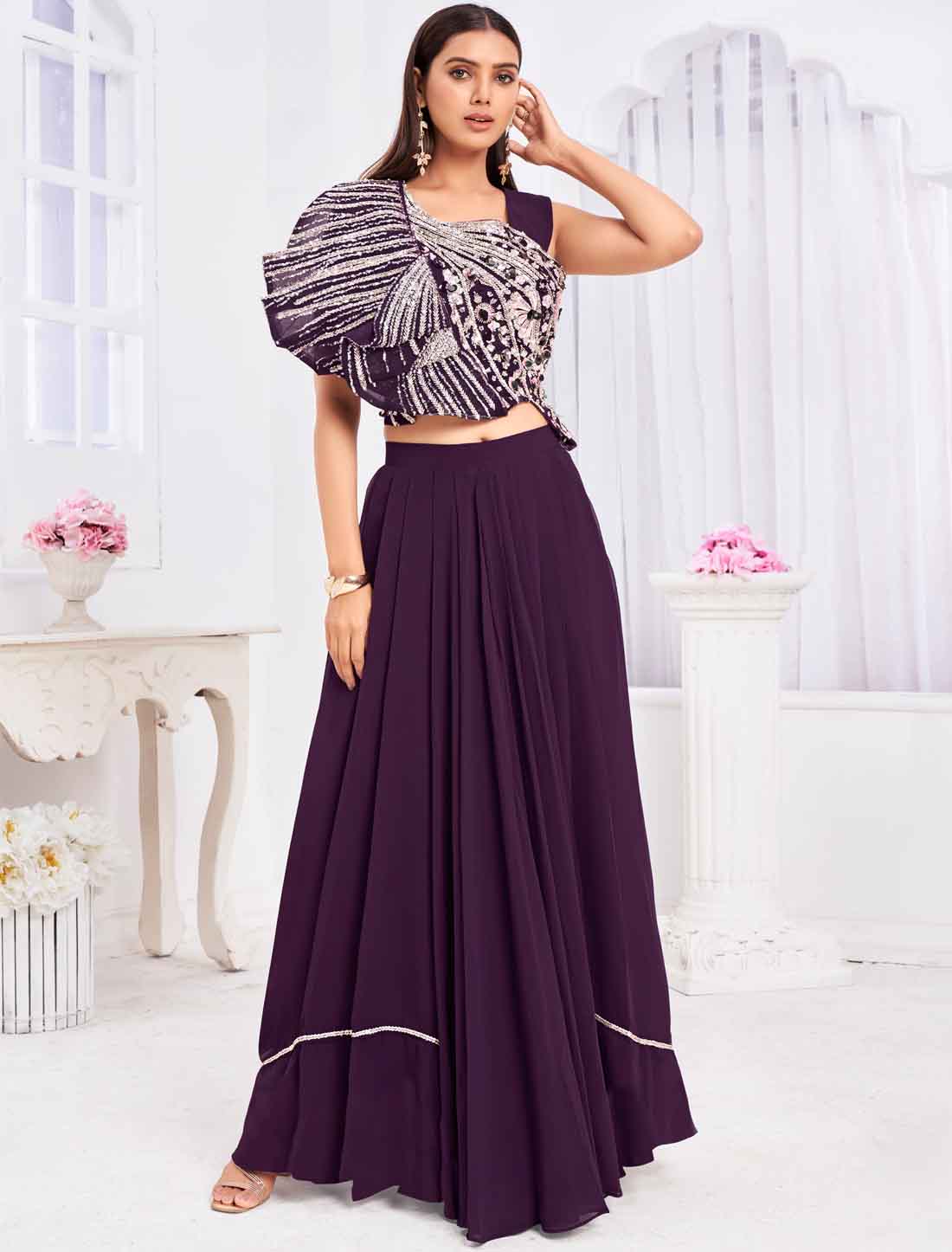 Luxurious Wine Georgette Ethnic Wear Crop Top with Sharara Choli befashionate