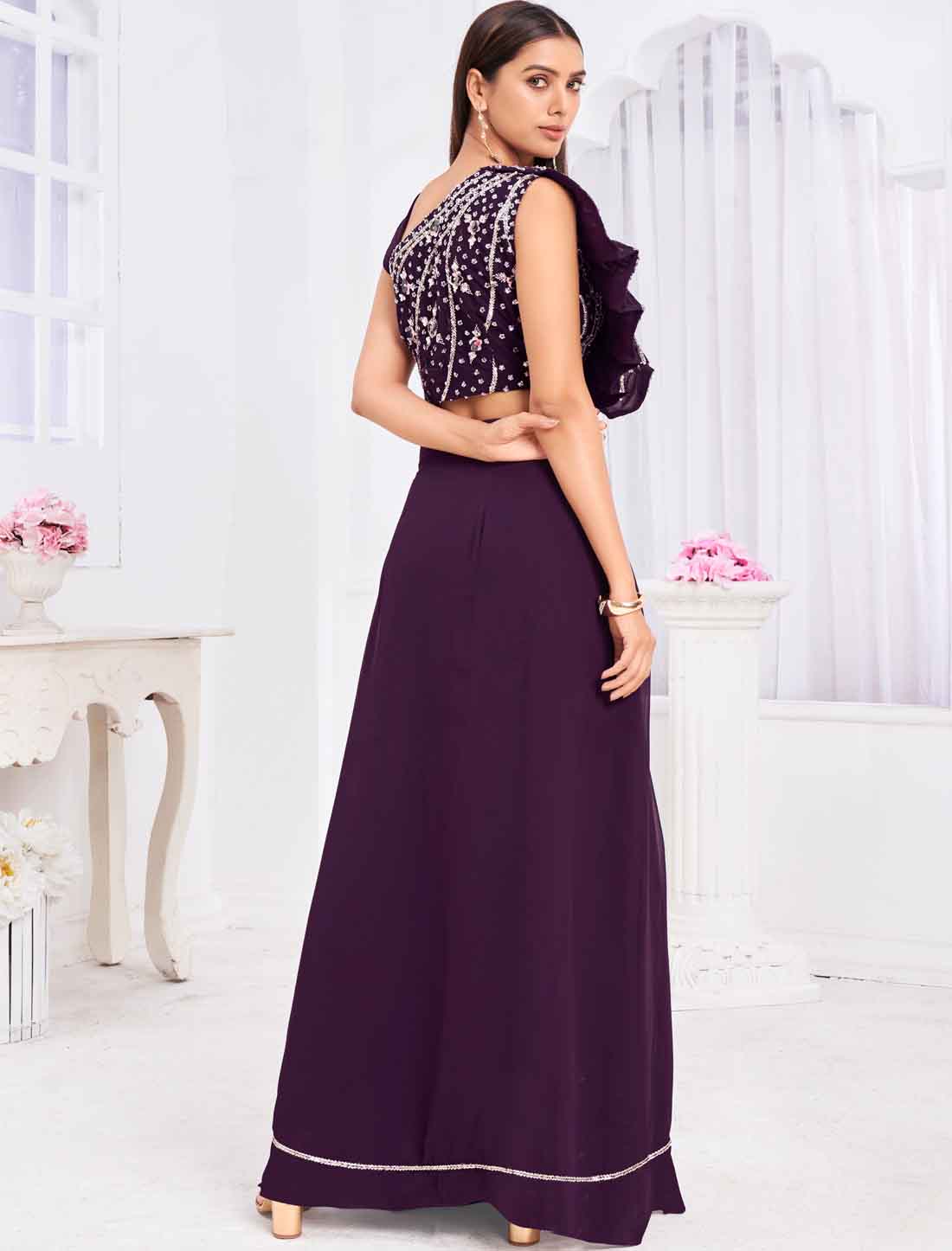 Luxurious Wine Georgette Ethnic Wear Crop Top with Sharara & Choli