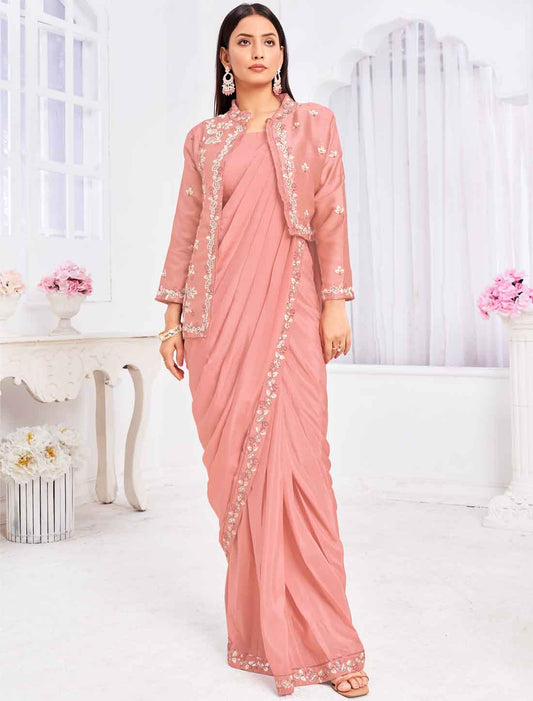 Pink Ethnic Tussar Silk Top with Saree An Jacket & Choli For Women