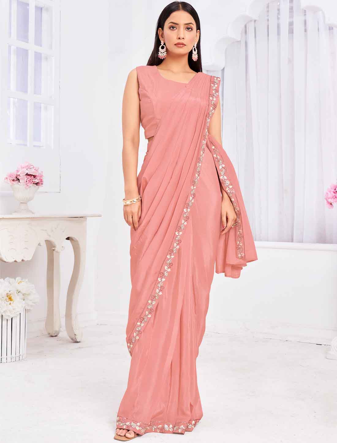 Pink Ethnic Tussar Silk Top with Saree An Jacket & Choli For Women